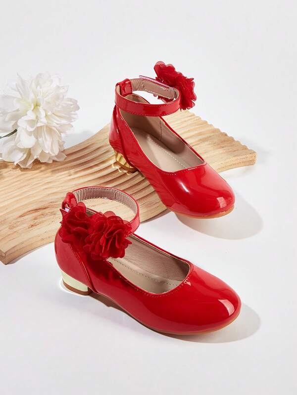 1 Pair Toddler Girls Flower Decor Round Toe Chunky Heel Princess Party Shoes, Versatile For Spring, Summer, Autumn, Winter