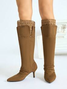 Fall/Winter Vintage Distressed Suede Pointed Toe Lace Patchwork Thigh High Fashion Boots For Women, New Autumn Pleated Versatile Riding Boots,Kitten Heels - Brown - View 2