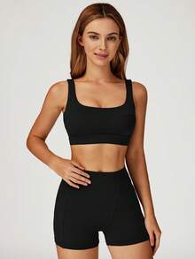 MASKERT 舒适亲肤紧身高弹女式运动短裤跑步健身瑜伽裤居家休闲运动短裤 - 黑色 - 查看 7