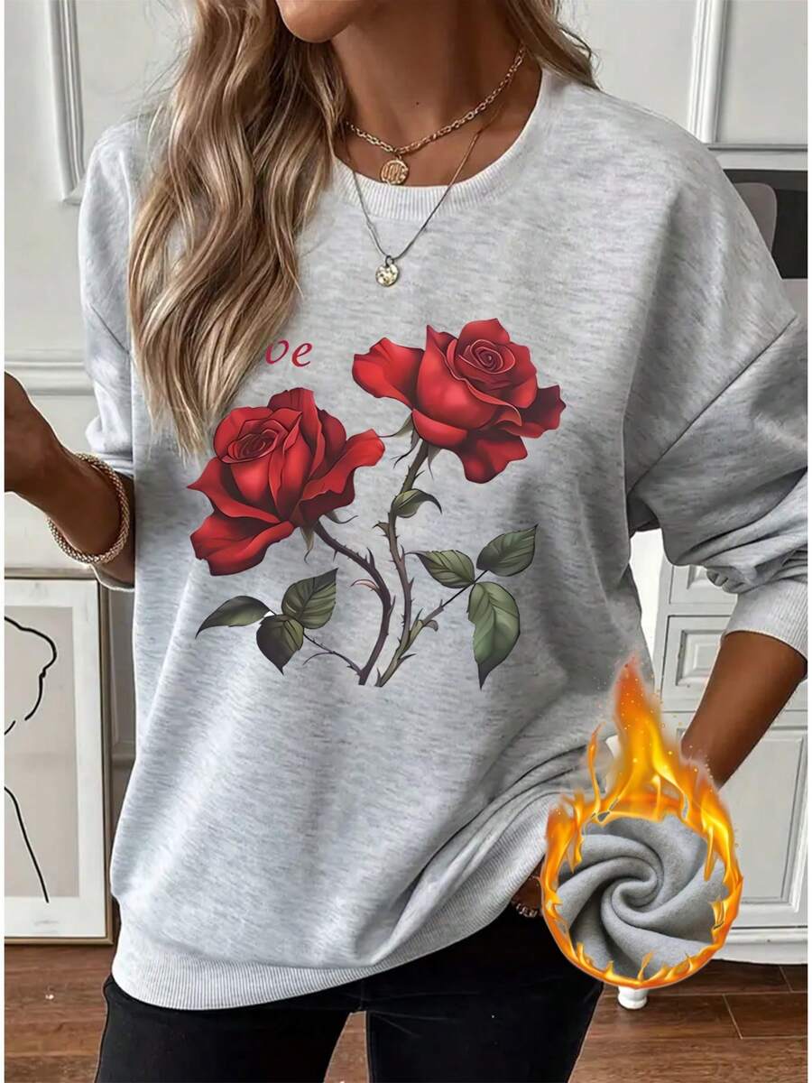 2026 Long Sleeve Tops Women One Piece Ladies Valentine's Day Rose Print Casual Sweatshirt, Lined With Fleece, Thick Long Sleeve Pullover, Comfortable Round Neck Top, Mature Style, Polyester Knitted Fabric, Suitable For All Seasons Loose And Comfortable Winter Clothes For Women Plus Size Women Clothes - 淺灰色 - 查看 1