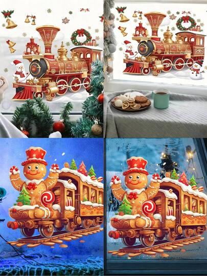 1pc Christmas Train Santa Snowman Snowflake Wreath Window Decoration - Self-Adhesive PVC Glass Sticker, Double-Sided Matte Finish, Irregular Shape, Classic Style For Living Room & Bedroom Door/Window Decor, Christmas Window Decorations
