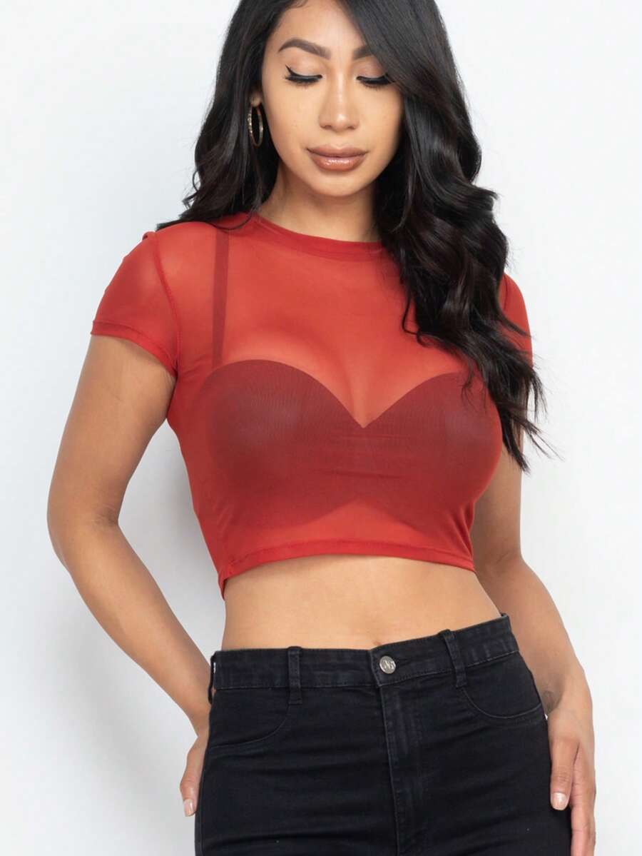 Women's Sexy Mesh Sheer Short Sleeve Crop Top, Cover Up Summer T-Shirt - 鏽 - 查看 1