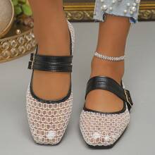 Women's Fashion Square Toe Flat Shoes, Slip-On Glitter Buckle Casual Loafers, Suitable For Dresses, Sizes 35-43, Spring/Autumn, Ballet Flats