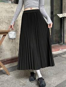 韩版秋冬新款弹力百褶裙，显瘦垂坠A字中长裙，百搭 - 黑色 - 查看 1