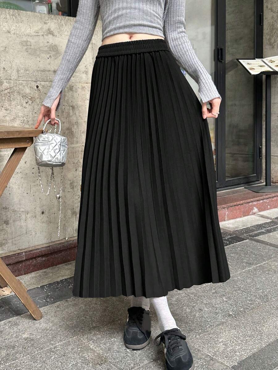 韩版秋冬新款弹力百褶裙，显瘦垂坠A字中长裙，百搭 - 黑色 - 查看 1