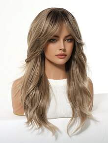 20 Inch Long Straight Blonde Wig With Bangs, Middle Part Layered, Dark Roots, Heat Resistant Synthetic Fiber Wig, Suitable For Daily Wear And Parties, 20 Inch/51cm - Ombre - View 4