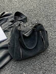 时尚新款大容量女包，百搭复古斜挎包，质感单肩通勤托特包，简约磨砂腋下包，小众大学生单肩包，时尚个性，漂亮单肩包 - 黑色 - 查看 9