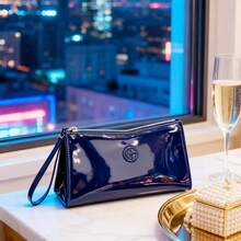 Armani Women's Deep Blue Patent Leather Chain Shoulder Bag, Glossy Clutch With Brand Logo, Elegant And Versatile Light Luxury Style