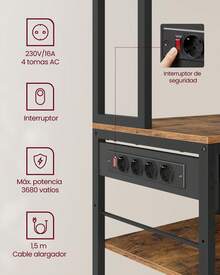 VASAGLE Estantería de Cocina con Multienchufe, Armario de Cocina, 40 x 80 x 180,4 cm, Estante de Microondas, Cajón de Tela, 12 Ganchos, Marrón Rústico y Negro Tinta - Negro - Ver 3