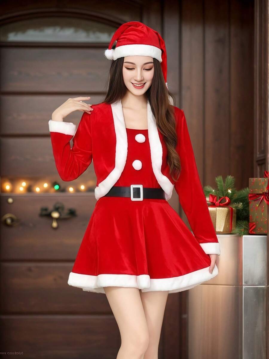 一件圣诞性感圣诞老人服装连衣裙，含披肩，角色扮演套装，适合节日派对、拍照等场合，包含连衣裙和披肩。 - 彩色 - 查看 1