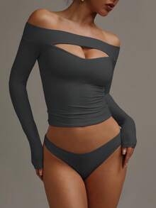 XLLAIS 2026春秋季女士性感长袖白色露肩上衣，高弹镂空修身T恤 - 深灰色 - 查看 5