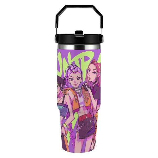 Stainless Steel Insulated Travel Mug With Kpop  Hunters Are Full Of Fashion Sense, This Is The Charm Of!-1pc 30oz K-Pop Style Printed Car Cup Stainless Steel Insulated Travel Mug-Reusable Handle & Straw-Travel Mug Coffee Cup For Women, Outdoor Adventures, Camping, Driving, Sports - Keep Warm Or Cold, Ideal Valentine'S Day & Mother'S Day Gift, Outdoor Hydration|Floral Pattern Tumbler|Durable Lid Design, Water Bottle-Christmas-Themed Cup, A Top Choice For Christmas Gifts.