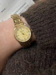 新款女士金色石英腕表，韩式风格，简约优雅，时尚休闲，百搭 - 金色 - 查看 2