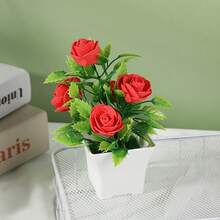 1 Stück künstliche Rose Bonsai mit 5 Blüten, Fake Topfblume für Innenräume, Büro und Tischdekoration, Kunststoff Mini Pflanze Ornament, Valentinstag Geschenkdekoration