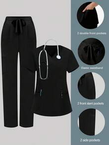 cimmuovere Plus Size Women V-Neck Short Sleeve Pocket Top And Loose Pocket Solid Color Scrubs Nurse Scrubs Workwear Dentist Healthcare Pet Hospital Laboratory Pants 2 Piece Set