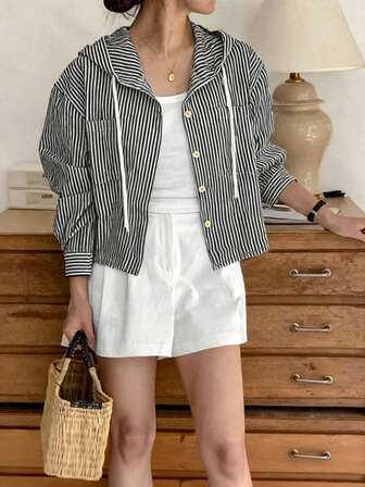 Korean Chic Summer Casual Single-Breasted Striped Contrast Color Loose Fit Long Sleeve Hooded Shirt For Women