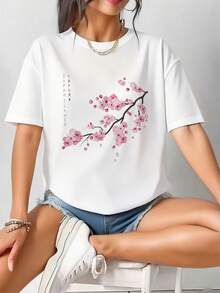 Vintage Sakura Japanese Cherry Blossom Flower Graphical Art T-Shirt - 白色 - 查看 3