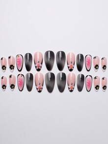 24pcs Short Water Drop Shaped Press-On Nails, Gradient & Floral 3D Gel And Golden Beads Designs, Shiny Artificial Nails Suitable For Valentine's Day, Parties, Daily Wear, Comes With Jelly Gel And Nail File