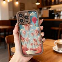Cubierta de teléfono con borde negro diseño de palmeras rosadas y globo aerostático cielo azul para uso diario en cafeterías y viajes Aplicable a los teléfonos de la serie Apple y Galaxy - Café integral - Ver 7