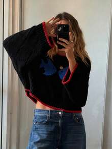 2025 Automne/Hiver Nouveau mode rétro Bloc de couleur Conception Jacquard Surdimensionné Lâche Tricot Graphique Chandail Femmes, Imprimé animal Hauts de base, Hauts pour sortir, Vêtements d'automne pour femmes, Femmes modestes, Femmes de fête, Femmes Y2K, Hauts pour sortir, Femmes de concert, Femmes pour le dîner