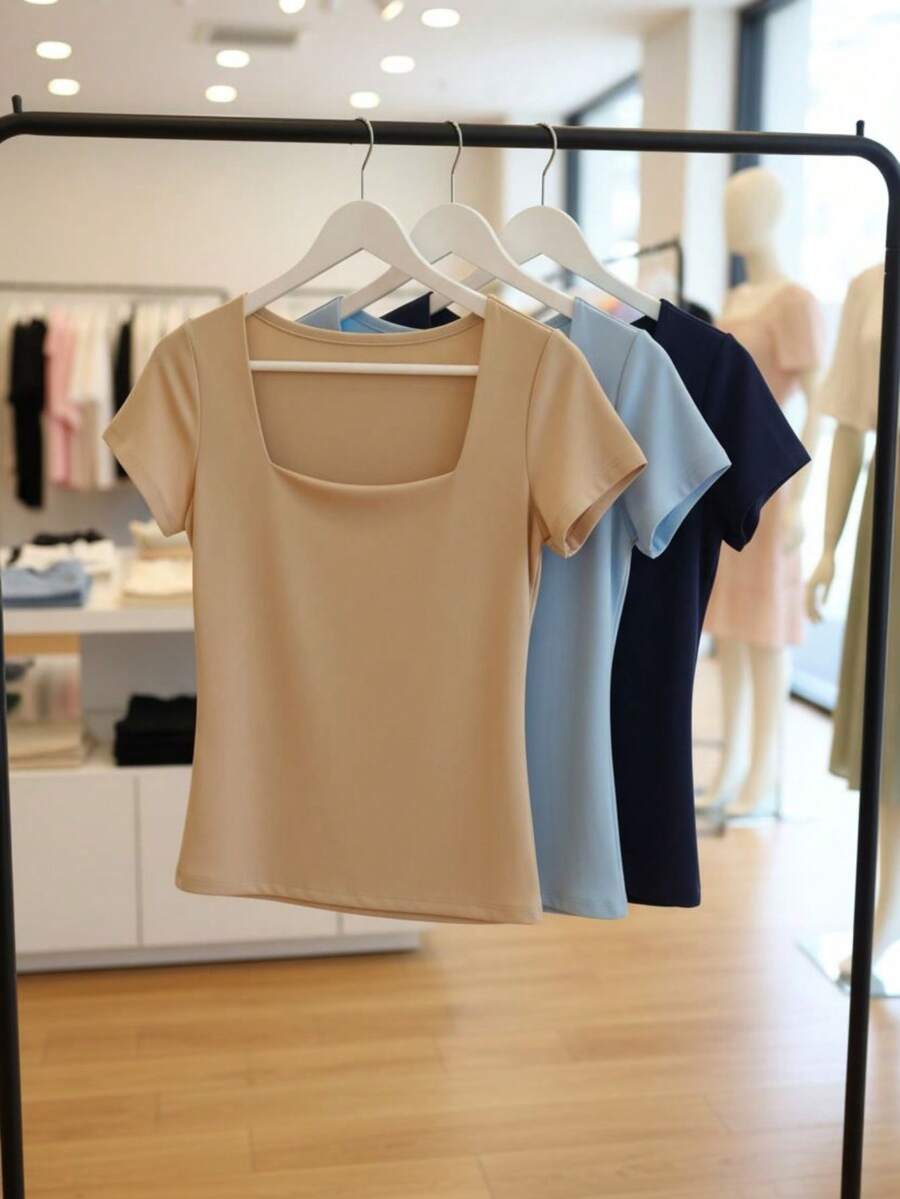Women's Basic Short-Sleeve Baby Look T-Shirt, Versatile, No See-Through, Stretchy Fabric, Shaping, Casual Fashion, Blogger Style, Affordable - BEIGE-bLUE-nAVY BLUE - View 1