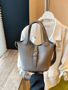 Classic Minimalist Women Handbag Versatile Adjustable Strap Crossbody Bag, Solid Color New Elegant Grey Color-Block Tote Bag With Lining And Pouch, Autumn/Winter - Grey - View 2