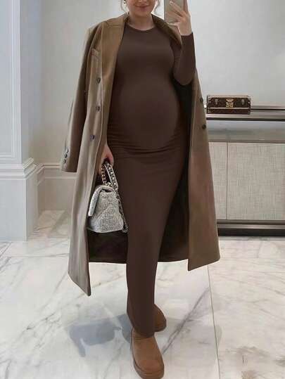 Maternity Solid Color Round Neck Long Sleeve Fitted Casual Dress