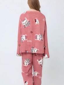 Conjunto de pijama estampado de franela para mujer: imprescindible para el otoño-invierno, ofrece calidez y comodidad. Disponible en una variedad de estampados de personajes de dibujos animados y colores - Rosa coral - Ver 2