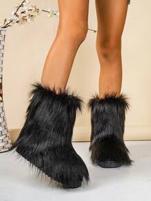 Women's Autumn/Winter New Modern Faux Fur Boots, Thick Sole Warm Fluffy Furry Black Snow Boots, Thermal Lining Warm Non-Slip One-Push Rubber Flat Outdoor Mid-Calf Boots - Black - View 5