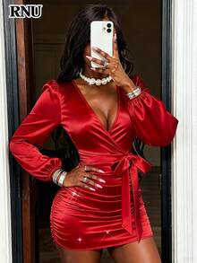 RNU Rotes Satin V-Ausschnitt Laternärmel Schleife Vorderseite Bodycon Kleid für Frauen, geeignet für Dates, Nachtclubs, Straßen, Valentinstag, Halloween, Geburtstag, Weihnachten, Partys, Silvester und andere Anlässe