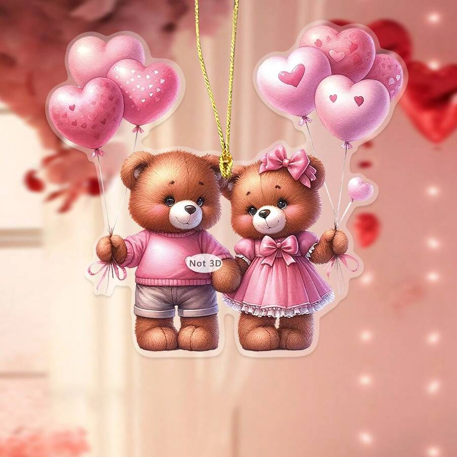 1 Romantic Couple Teddy Bear 2D Acrylic Pendant Sweet Decoration Valentine's Day Gift For Girlfriend/Boyfriend Date Outfit Decoration&Home Wall Decoration - Multicolor-gold Thread - View 1