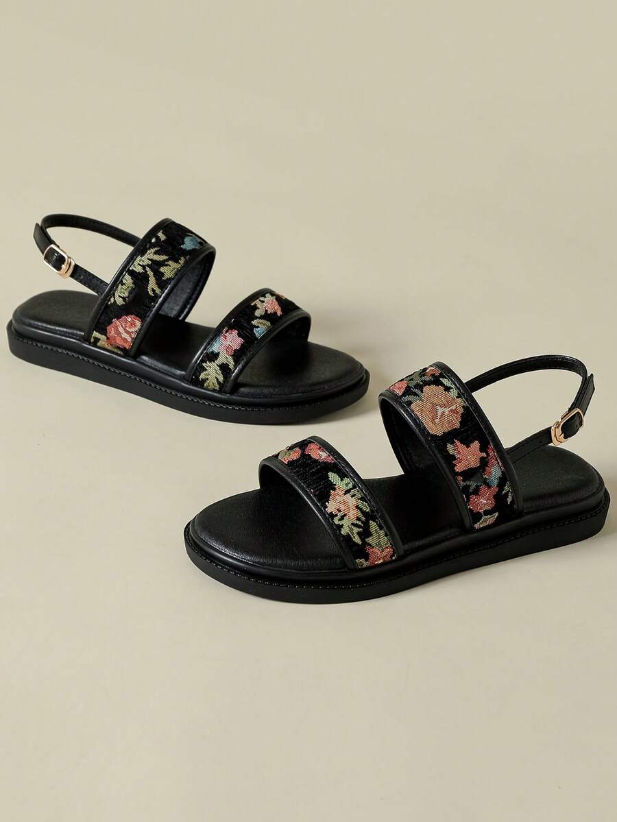 Women's Thick Sole Strap Sandals, Bohemian Style Ditsy Floral, Open Toe, Non-Slip, Comfortable, Summer New Wedge Heel, Fashion Outdoor Beach, Random Embroidered Colorful Flowers, Suitable For Spring/Autumn, Size 41-43