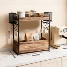 Coffee Bar Center With Slide-Out Drawer & 2 Baskets – 3-Level Mug Organizer Rack With 6 Hooks For Compact Kitchen Counter Or Pantry Organization - Brown - View 2