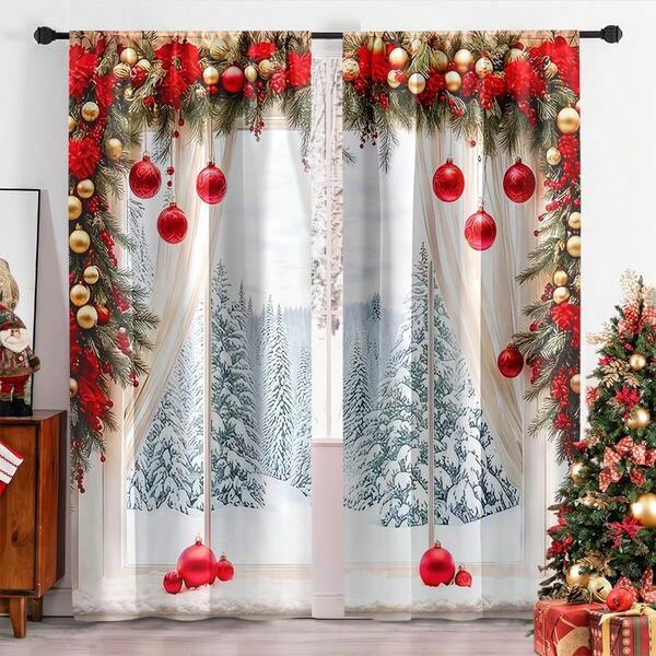 Conjunto de 2 peças de cortinas festivas de Natal vermelhas com design de fita e balão - Cortinas de poliéster fáceis de pendurar e laváveis à máquina para decoração de sala de estar, quarto e escritório