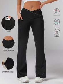 High Waist Flared Yoga Pants With Pockets, Slim Fit Tummy Control Loose Wide Leg Dance Trousers For Women - Black - View 1