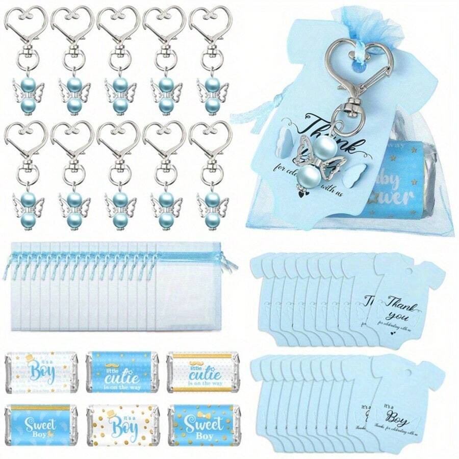 6件套创意婴儿洗礼礼品套装，包含心形装饰品、巧克力贴纸、糖果袋、贴纸、钥匙扣、天使装饰品+贴纸+糖果袋+感谢卡 - 藍色 - 查看 1