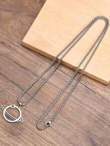 1pc Hip Hop Planet Necklace, Saturn Pendant, Fashionable Creative Men's Pendant Necklace, Pendant Necklace Accessory - Silver - View 3