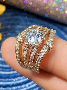 3-Piece Set Of Fashionable Luxury Gold Sparkling Synthetic  Gold Ring For Girls, A Gift Ring For Christmas And Valentine's Day Anniversary - 金色 - 查看 3