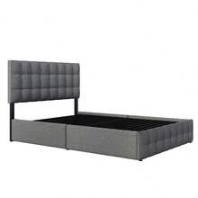 (=622122AAS) Upholstered Bed With 4 Drawers, Double Bed With Slatted Frame, Bed With Storage, Height Adjustable Headboard And Square Stitching Design, Metal Slat Support, Linen Material (140*200, Black) - 灰色+亞麻 - 查看 10