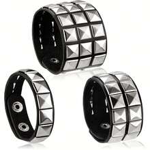3 pièces Bracelet punk pour hommes et femmes, bracelet gothique punk rock des années 80, bracelet/manchette unisexe pour fête d'Halloween, accessoires - Noir - Voir 1