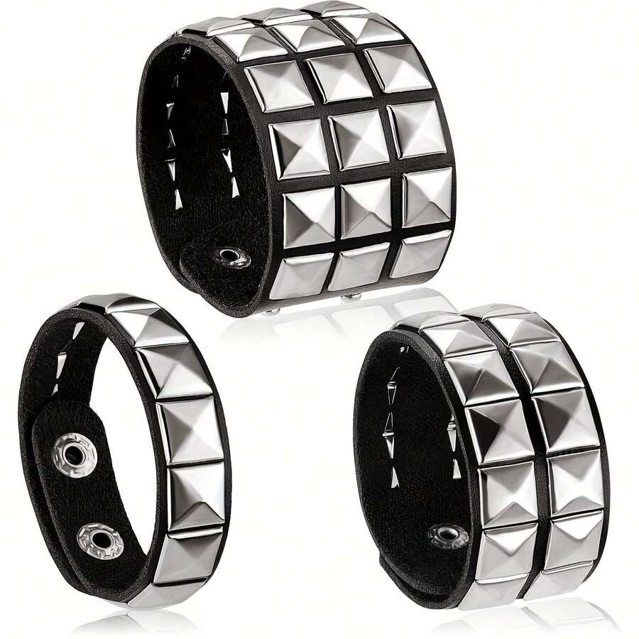 3 pièces Bracelet punk pour hommes et femmes, bracelet gothique punk rock des années 80, bracelet/manchette unisexe pour fête d'Halloween, accessoires - Noir - Voir 1