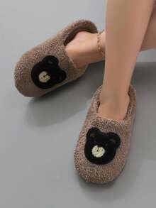 秋冬季可爱卡通刺绣小熊毛绒软底拖鞋，女士款，静音室内拖鞋，蓬松拖鞋 - 咖啡棕 - 查看 3