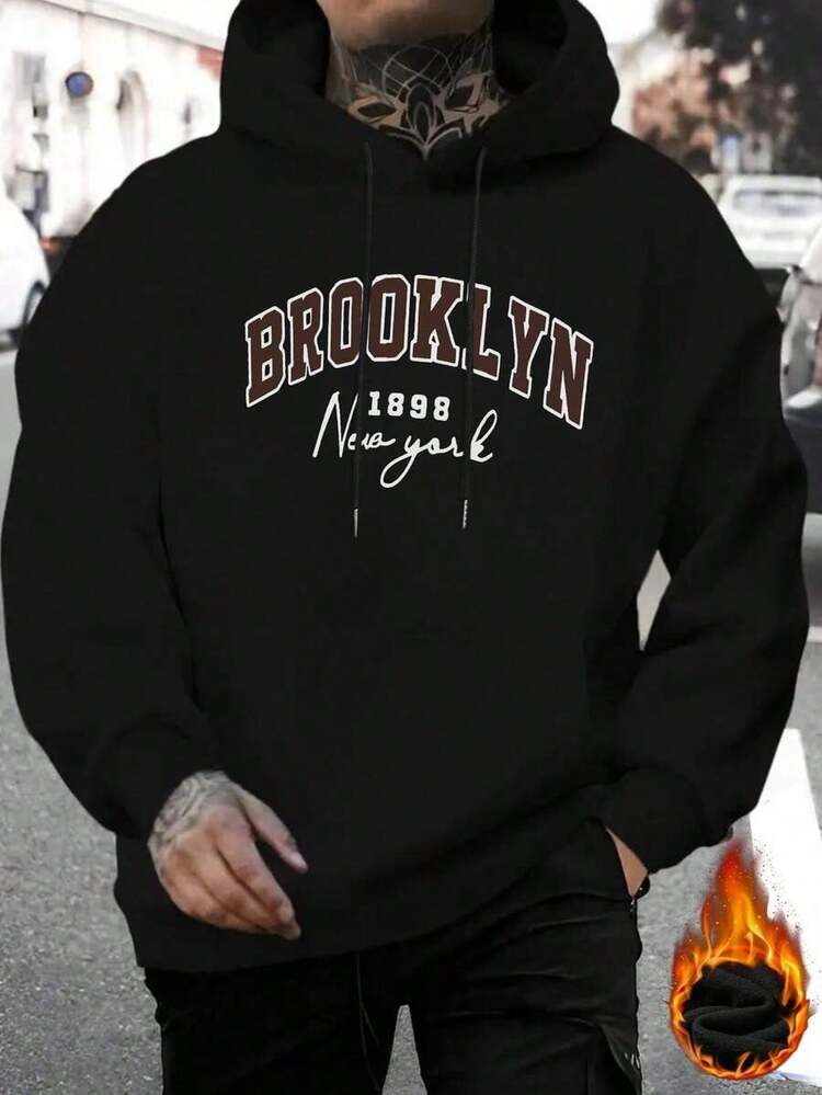 Sudadera con capucha casual con estampado de letra Boston para hombres, de vuelta a la escuela, otoño/invierno - Negro 4 - Añade 10