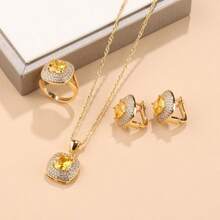 4PCS Square Jewelry Sets Luxury Vintage Fashion Accessory Women Earrings And Necklace Pendant Open Ring Bridal Wedding Jewelry For Women Gift Christmas, Thanksgiving, Valentine's Day, New Year And Birthday