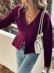 PoPoHouse Women's Elegant Solid-Color Knit Sweater With Dropped Shoulders For Women, Suitable For Autumn And Winter, Fashionable As An Outerwear Piece.