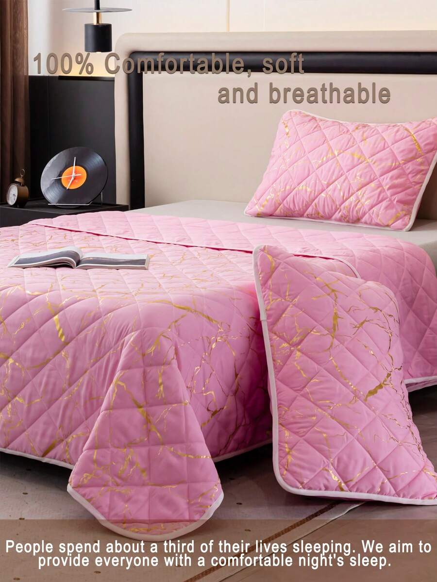 3pcs Pink Hot Stamping Marble Bed Cover Kit (1 Bed Cover+2 Pillowcases Without Core) Daily Soft And Skin Friendly Indoor Bedroom Master Bedroom Guest Bedroom Secondary Bedroom All Year Round Universal