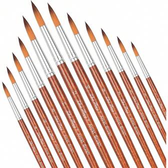 12ชิ้น ชุดแปรงทาสี แปรงทาสีระดับมืออาชีพ หัวกลมแหลม ขนไนล่อน แปรงอะคริลิคสำหรับสีอะคริลิคน้ำสีน้ำมัน (สีดำและสีน้ำตาล)