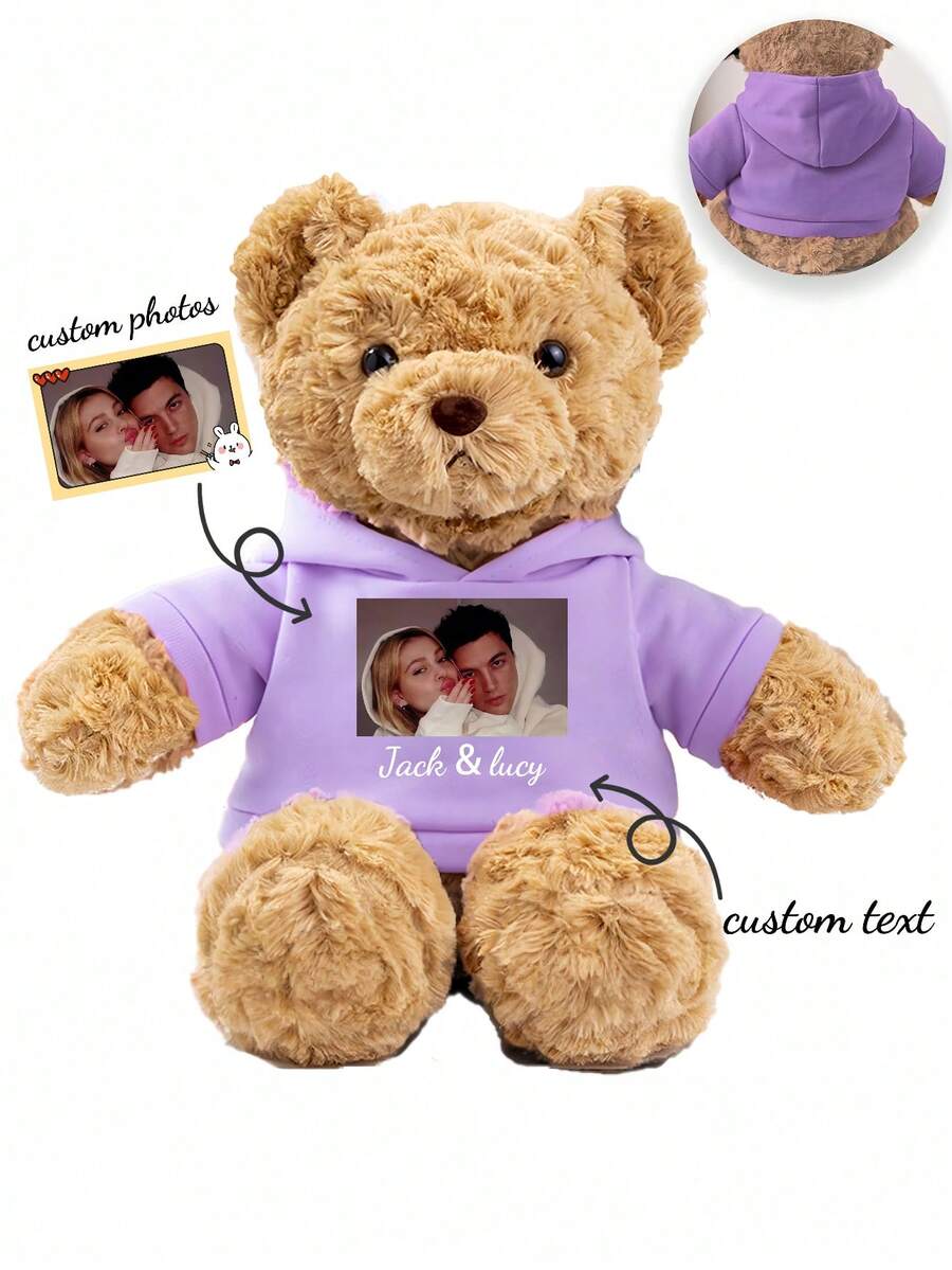 1pc Teddy Bear Figurine, With Customized Text + Image, Funny Gifts, Doll Clothes, Christmas Decorations, Bedroom Decor, Christmas Gifts, Birthday Decorations, Personalized Gifts, Suitable For College Dormitory Decoration, Halloween Decoration, Home Decoration, Wedding Decoration, Car Decoration, Baptism, Christmas Decoration, Gifts For Women - 彩色 - 查看 1