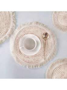 1入組現代簡約風格編織餐墊配流蘇，厚實隔熱杯墊，餐桌墊露營必備 - 杏色 - 查看 12