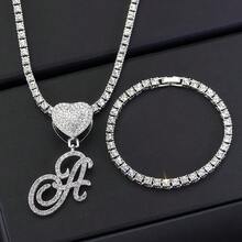 1 Set Women's Elegant Heart & Letter Pendant Necklace With Single Row Rhinestones, Matching Single Row Rhinestone Bracelet, Suitable For Daily Wear, Parties And Events, Versatile Jewelry Set - Fashionable Heart Letter Pendant Necklace - View 12